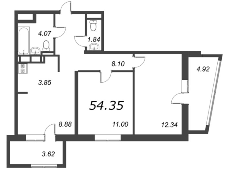 2-комнатная квартира, 54.35 м² - планировка, фото №1