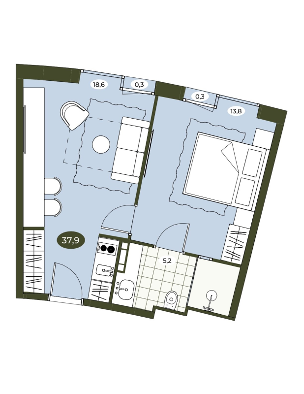 2-комнатная (Евро) квартира, 37.9 м² в ЖК "Место в Рощино" - планировка, фото №1