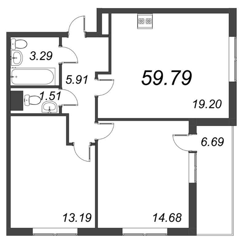 3-комнатная (Евро) квартира, 59.79 м² в ЖК "Bereg. Курортный" - планировка, фото №1