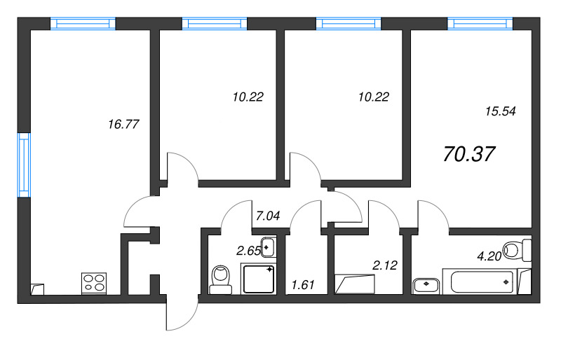 4-комнатная (Евро) квартира, 70.37 м² в ЖК "Морская миля" - планировка, фото №1