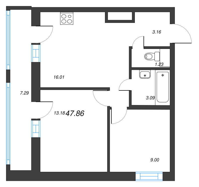 3-комнатная (Евро) квартира, 47.86 м² - планировка, фото №1
