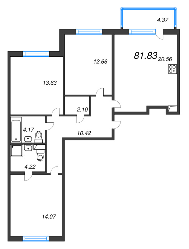 4-комнатная (Евро) квартира, 81.83 м² в ЖК "ЮгТаун" - планировка, фото №1