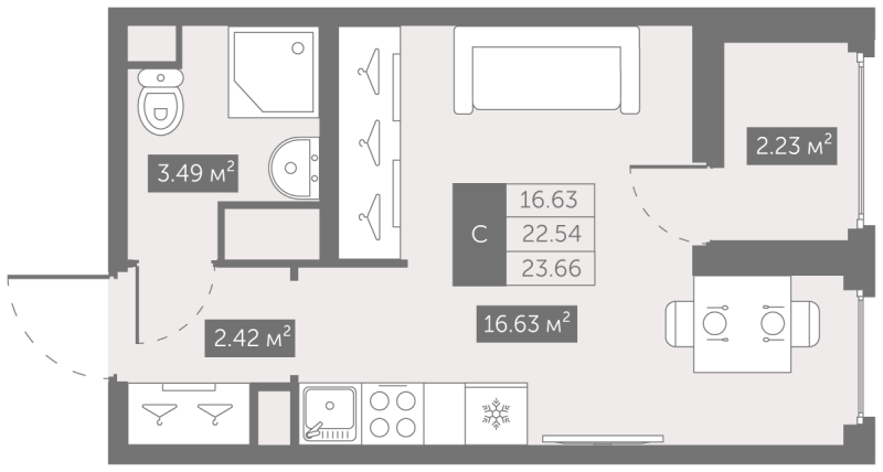 Квартира-студия, 23.66 м² - планировка, фото №1