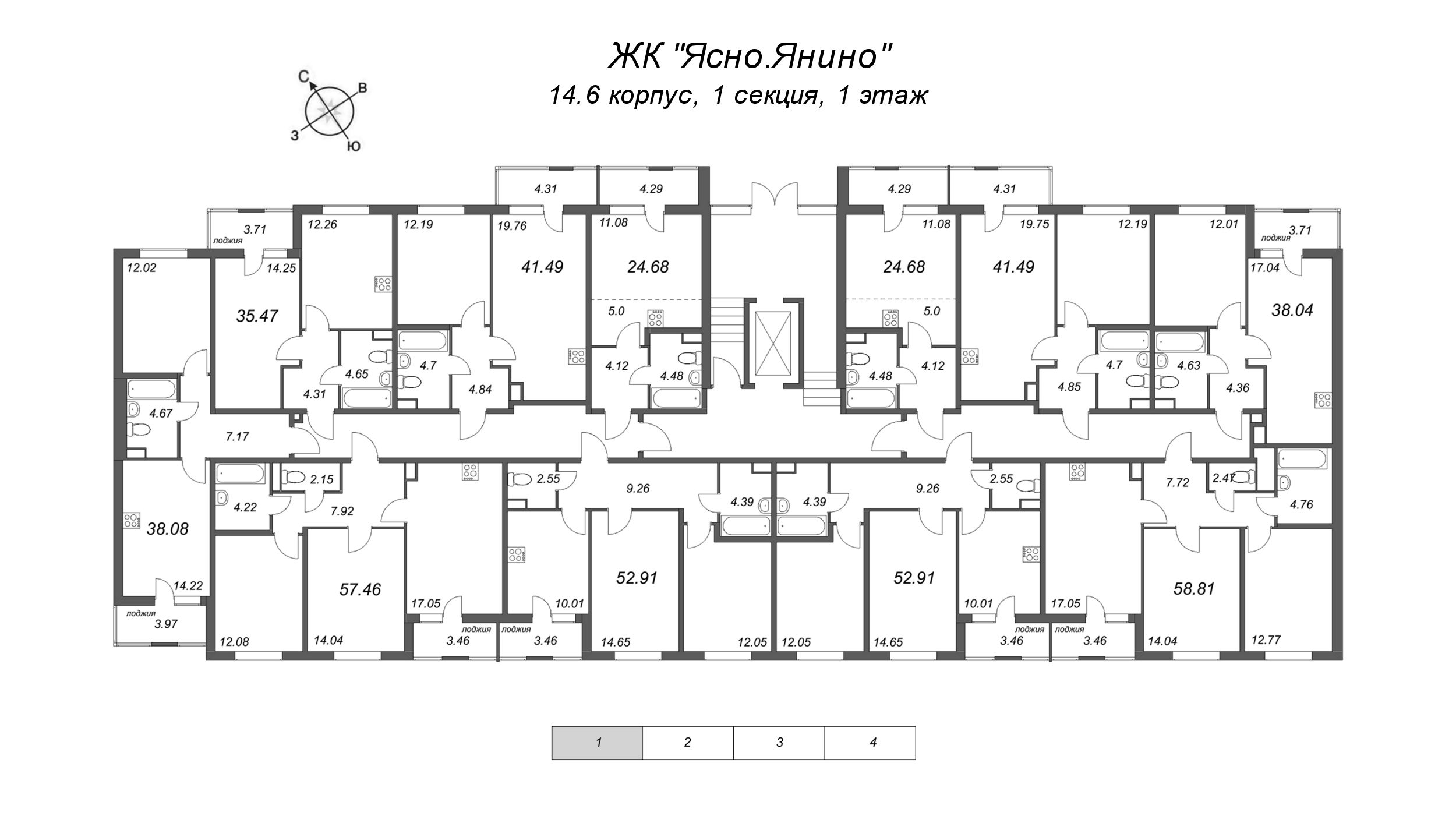 3-комнатная (Евро) квартира, 58.81 м² - планировка этажа