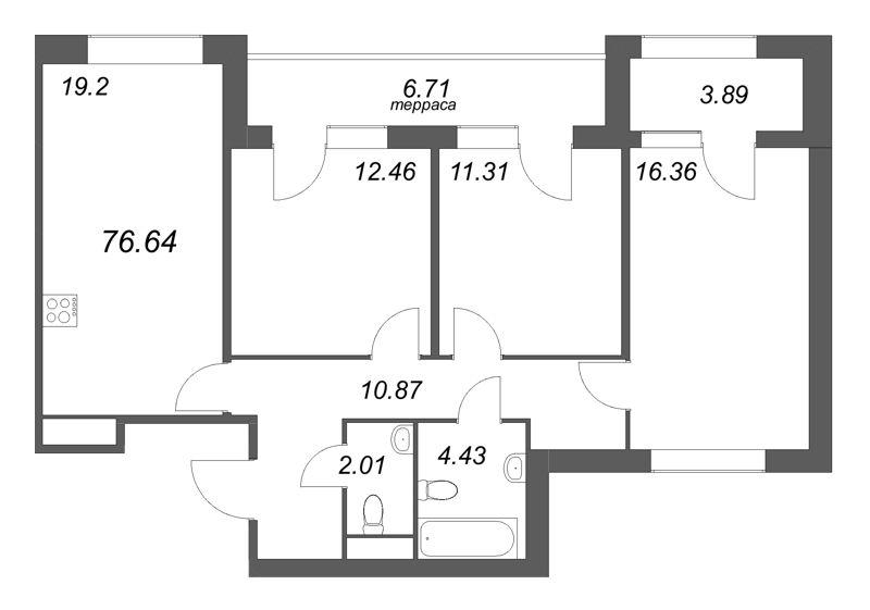 4-комнатная (Евро) квартира, 76.64 м² в ЖК "Дом на Курской" - планировка, фото №1