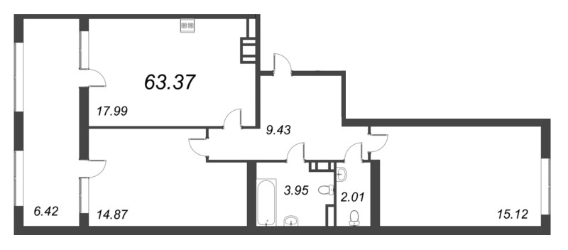 3-комнатная (Евро) квартира, 63.37 м² в ЖК "Б15" - планировка, фото №1