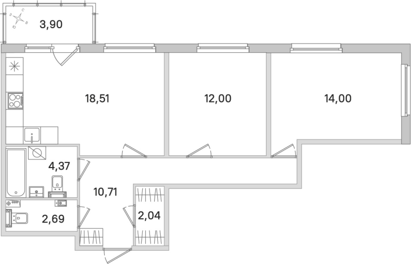 3-комнатная (Евро) квартира, 64.32 м² в ЖК "Любоград" - планировка, фото №1