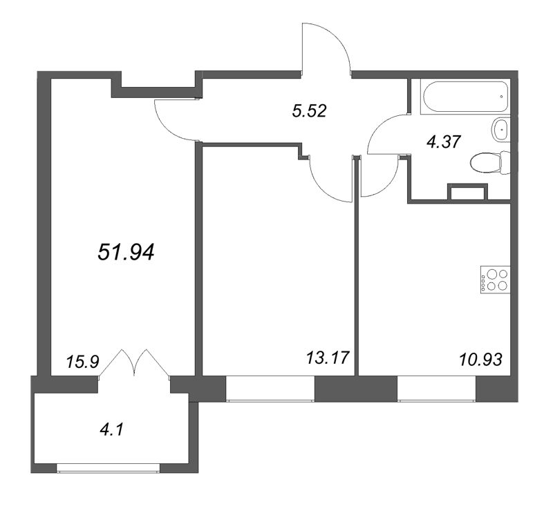 2-комнатная квартира, 51.94 м² в ЖК "Рождественский квартал" - планировка, фото №1