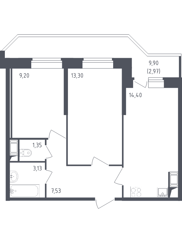 2-комнатная квартира, 51.88 м² - планировка, фото №1
