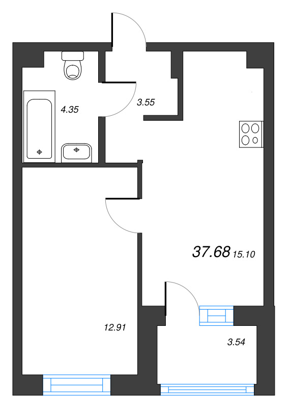 2-комнатная (Евро) квартира, 37.68 м² в ЖК "Тишин" - планировка, фото №1