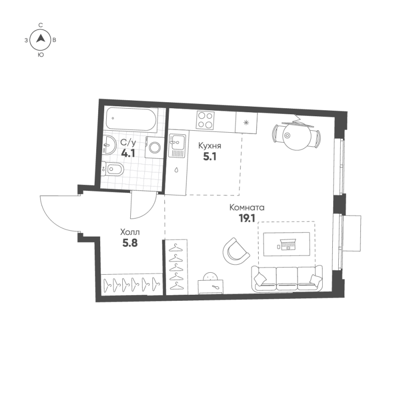 Квартира-студия, 34.1 м² в ЖК "Ягодное Река Парк" - планировка, фото №1