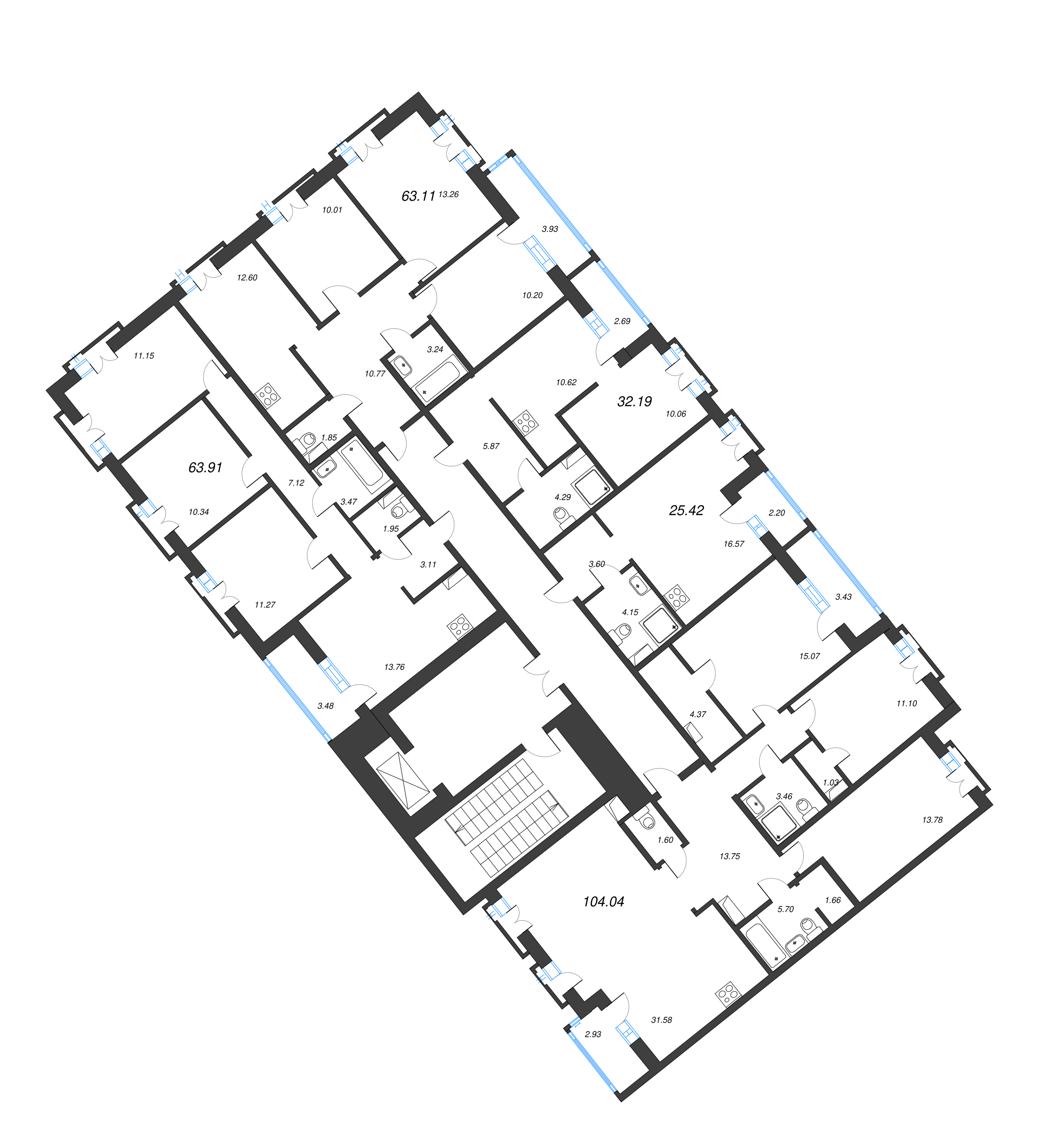 3-комнатная квартира, 63.91 м² - планировка этажа