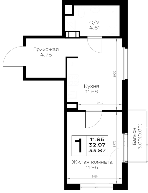 1-комнатная квартира, 33.87 м² в ЖК "Борский" - планировка, фото №1