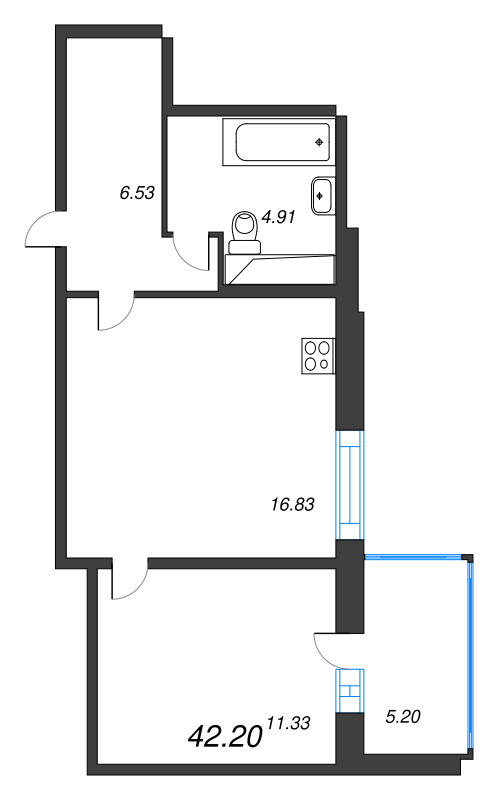 2-комнатная (Евро) квартира, 42.2 м² - планировка, фото №1