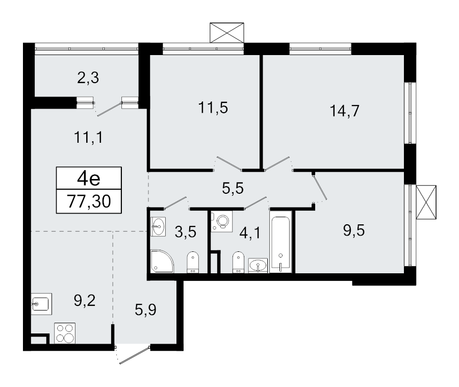 4-комнатная (Евро) квартира, 77.3 м² в ЖК "А101 Всеволожск" - планировка, фото №1