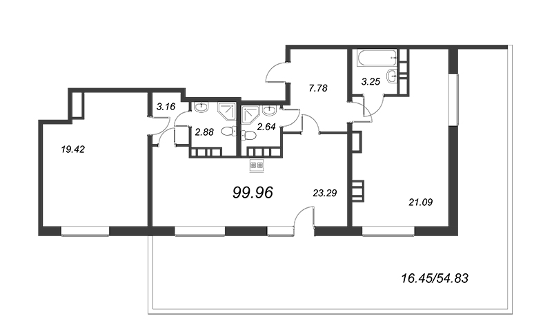2-комнатная квартира, 98.7 м² в ЖК "БелАрт" - планировка, фото №1