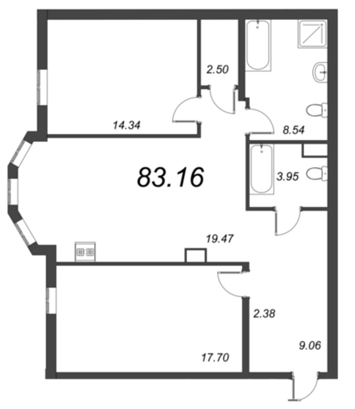 3-комнатная (Евро) квартира, 83.02 м² - планировка, фото №1