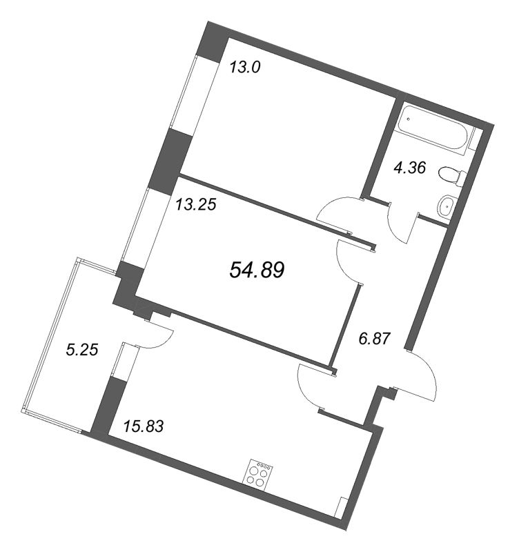 3-комнатная (Евро) квартира, 54.89 м² в ЖК "Аквилон RekaPark" - планировка, фото №1