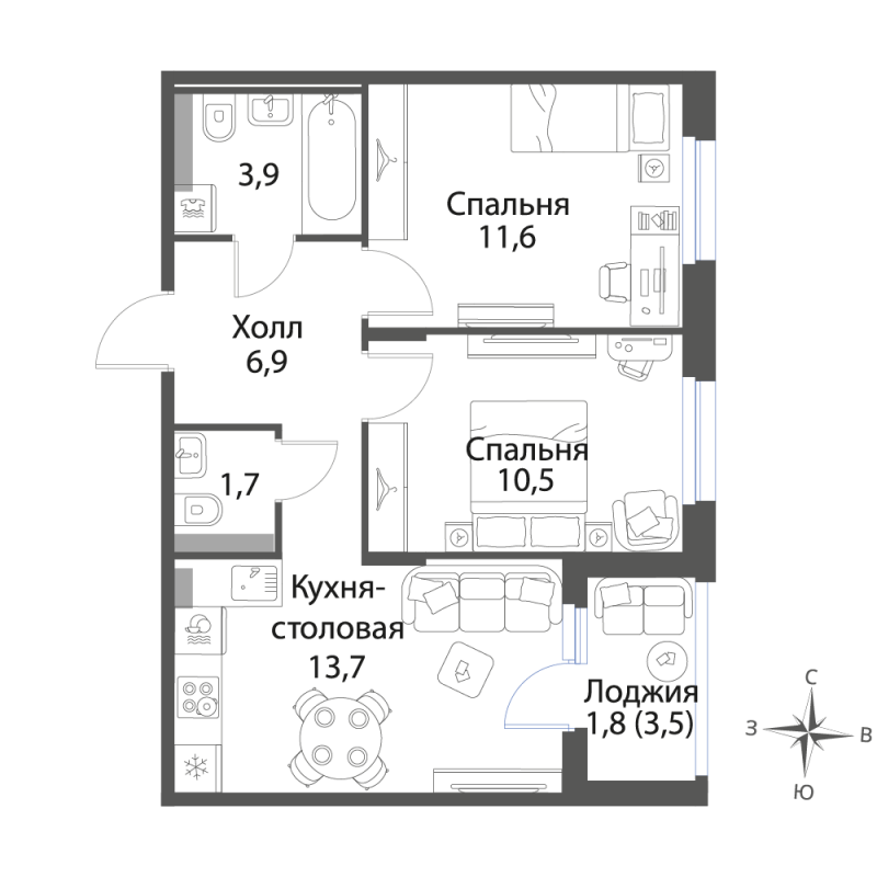 2-комнатная квартира, 50.1 м² в ЖК "Экография" - планировка, фото №1