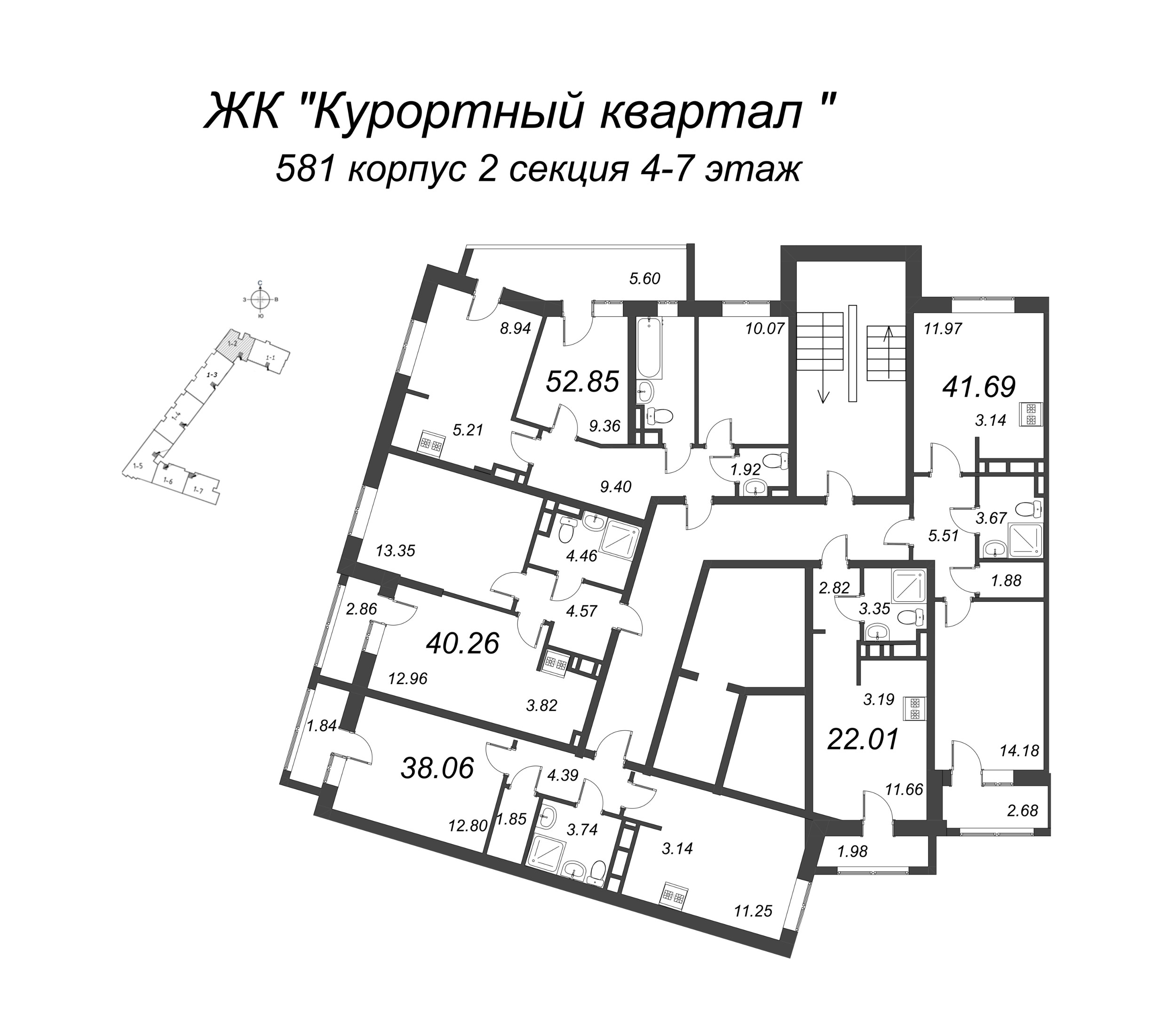 1-комнатная квартира, 38.06 м² в ЖК "Курортный Квартал" - планировка этажа