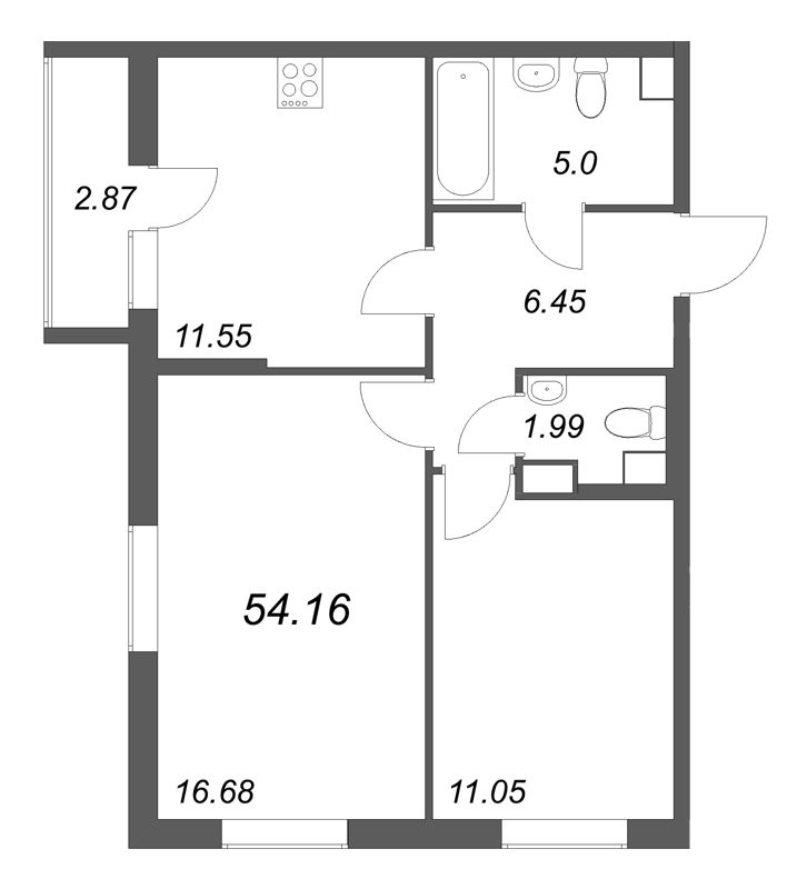 2-комнатная квартира, 54.16 м² в ЖК "Кинопарк" - планировка, фото №1