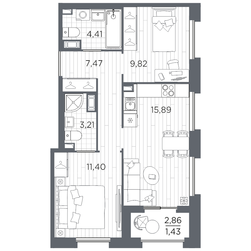3-комнатная (Евро) квартира, 53.72 м² в ЖК "Оптимист" - планировка, фото №1