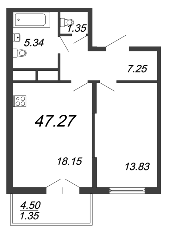 2-комнатная (Евро) квартира, 47.27 м² - планировка, фото №1