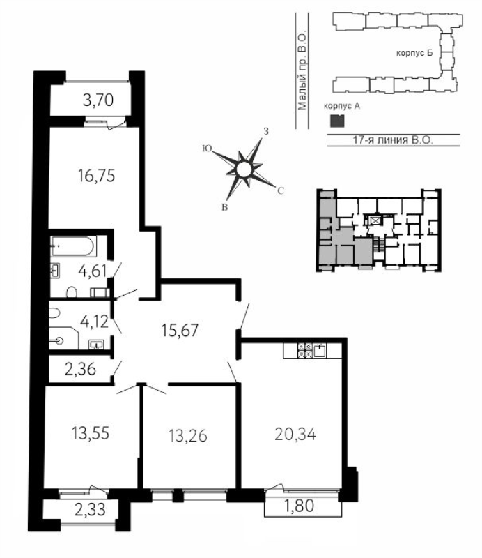 4-комнатная (Евро) квартира, 93.01 м² в ЖК "17-я линия" - планировка, фото №1