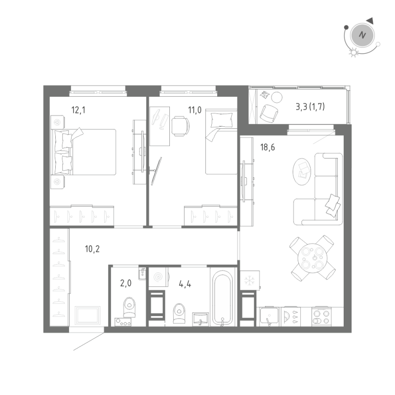 3-комнатная (Евро) квартира, 60 м² в ЖК "Клюква.Парк" - планировка, фото №1