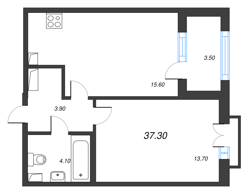 2-комнатная (Евро) квартира, 37.3 м² в ЖК "Дубровский" - планировка, фото №1