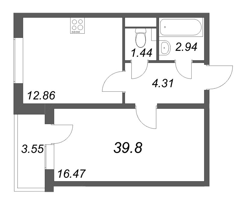1-комнатная квартира, 39.8 м² в ЖК "АРО" - планировка, фото №1