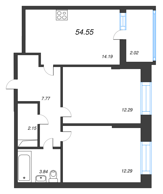 2-комнатная квартира, 54.55 м² в ЖК "Аквилон Верба" - планировка, фото №1