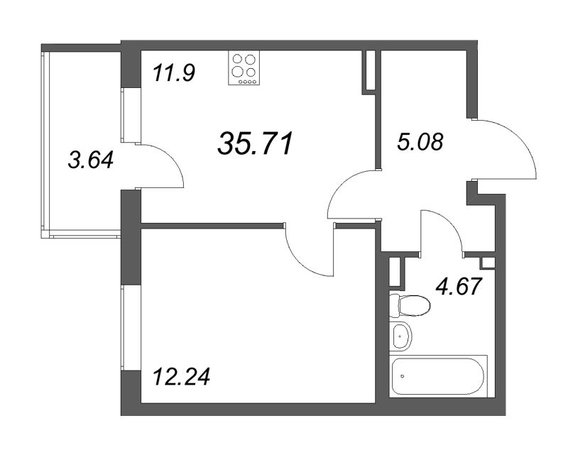 1-комнатная квартира, 35.71 м² в ЖК "Новая история" - планировка, фото №1