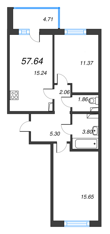 3-комнатная (Евро) квартира, 57.64 м² в ЖК "IQ Гатчина" - планировка, фото №1