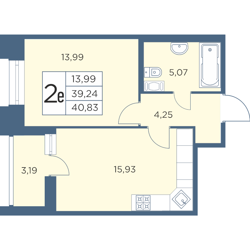 2-комнатная (Евро) квартира, 40.83 м² - планировка, фото №1