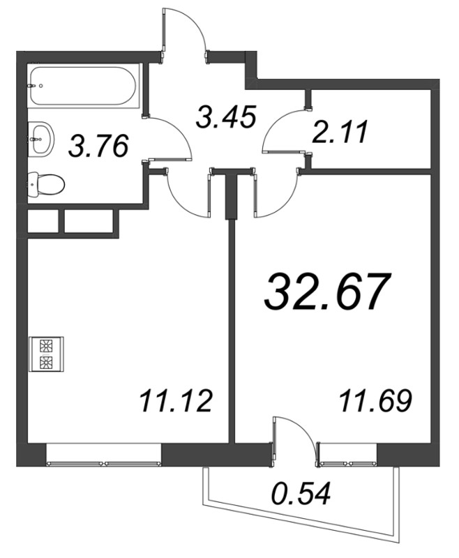 1-комнатная квартира, 32.67 м² - планировка, фото №1