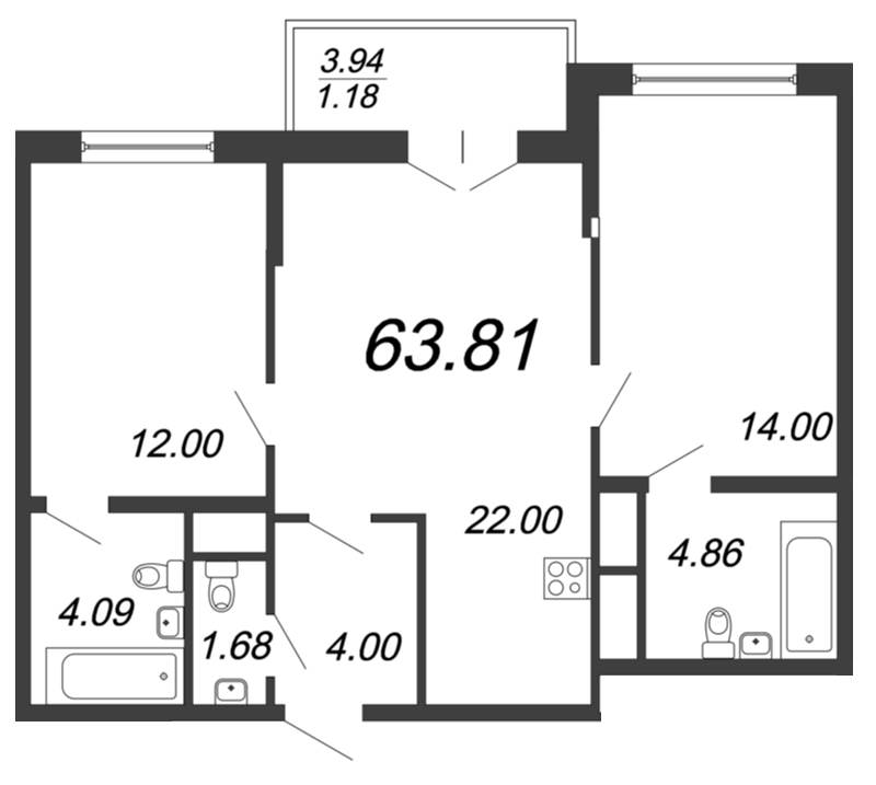 3-комнатная (Евро) квартира, 64 м² в ЖК "Колумб" - планировка, фото №1