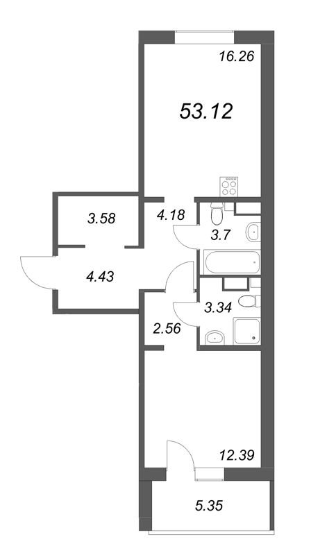 2-комнатная (Евро) квартира, 53.4 м² - планировка, фото №1