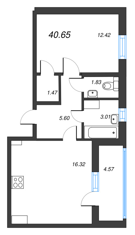 2-комнатная (Евро) квартира, 40.65 м² в ЖК "ПАТИО. Уютный квартал" - планировка, фото №1