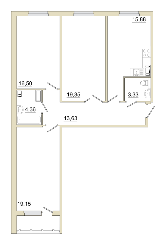 3-комнатная квартира, 93.2 м² - планировка, фото №1