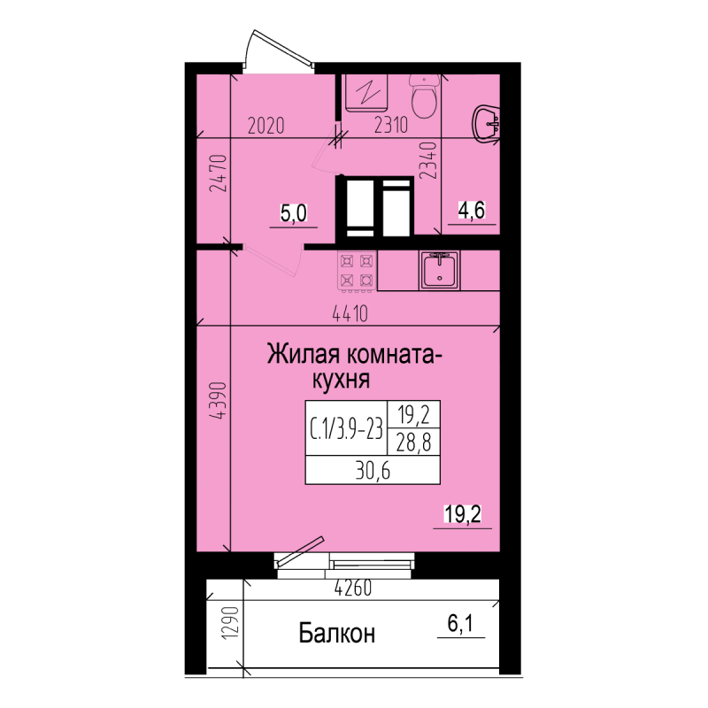 Квартира-студия, 30.6 м² - планировка, фото №1