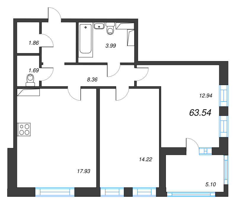 3-комнатная (Евро) квартира, 63.54 м² - планировка, фото №1