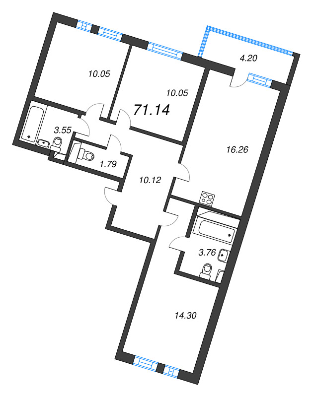 4-комнатная (Евро) квартира, 71.14 м² - планировка, фото №1
