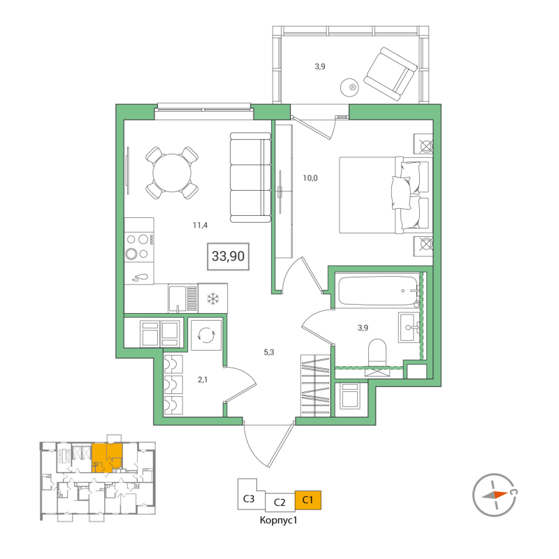 1-комнатная квартира, 33.9 м² - планировка, фото №1