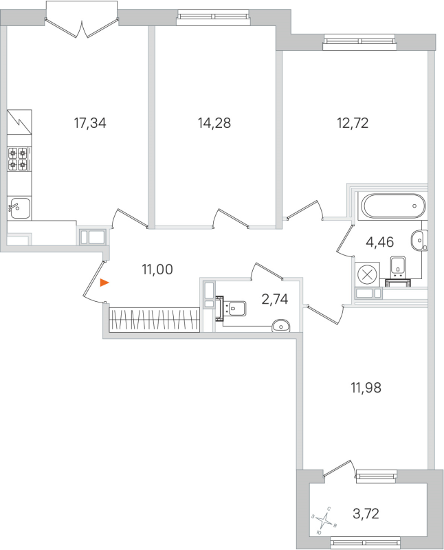 4-комнатная (Евро) квартира, 74.52 м² в ЖК "Дубровский" - планировка, фото №1