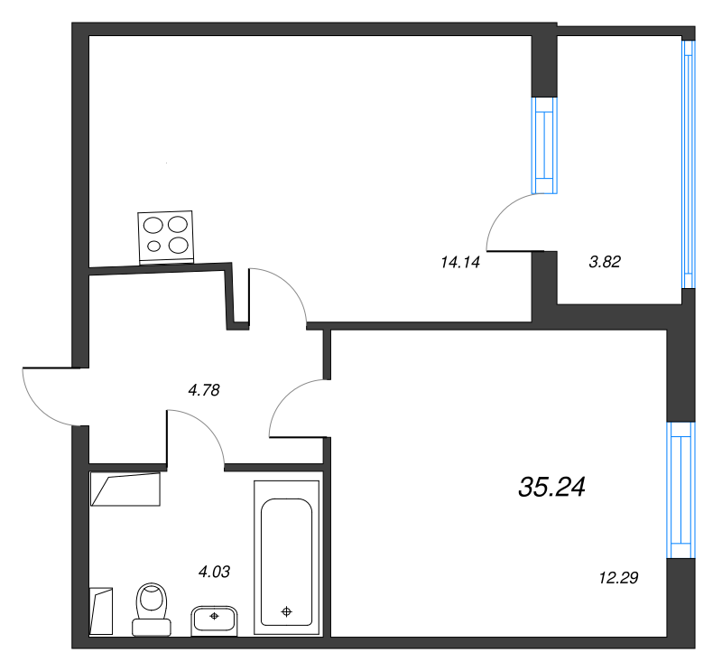 1-комнатная квартира, 35.24 м² в ЖК "Любоград" - планировка, фото №1