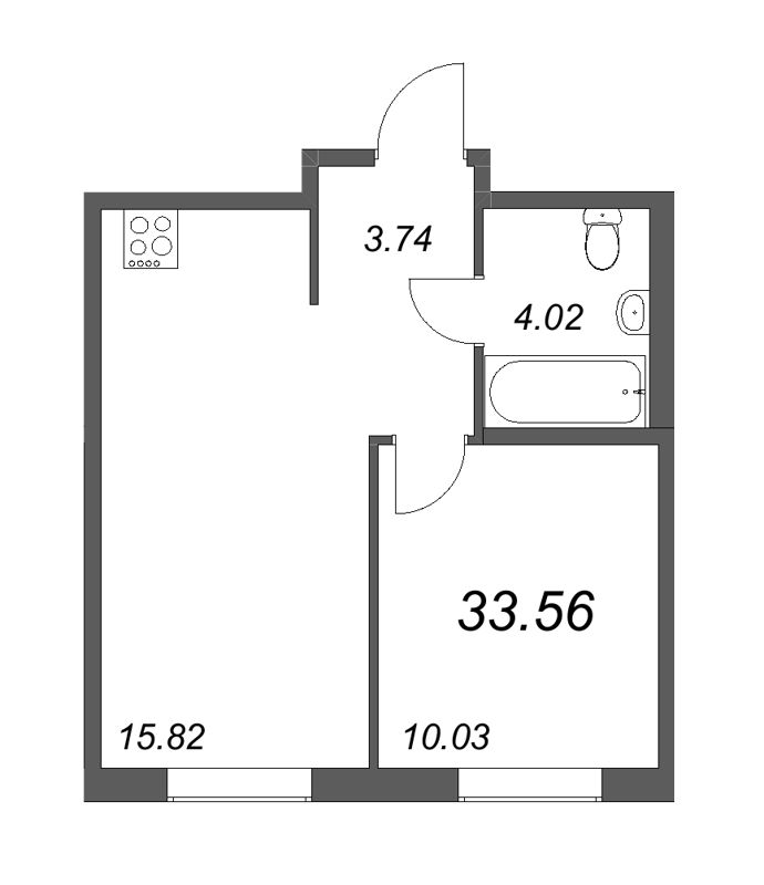 2-комнатная (Евро) квартира, 33.56 м² - планировка, фото №1