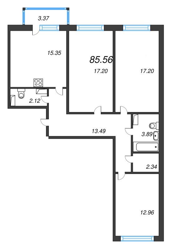 4-комнатная (Евро) квартира, 87.92 м² - планировка, фото №1