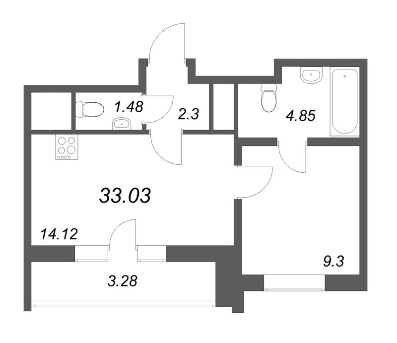 1-комнатная квартира, 33.03 м² в ЖК "Южный форт" - планировка, фото №1