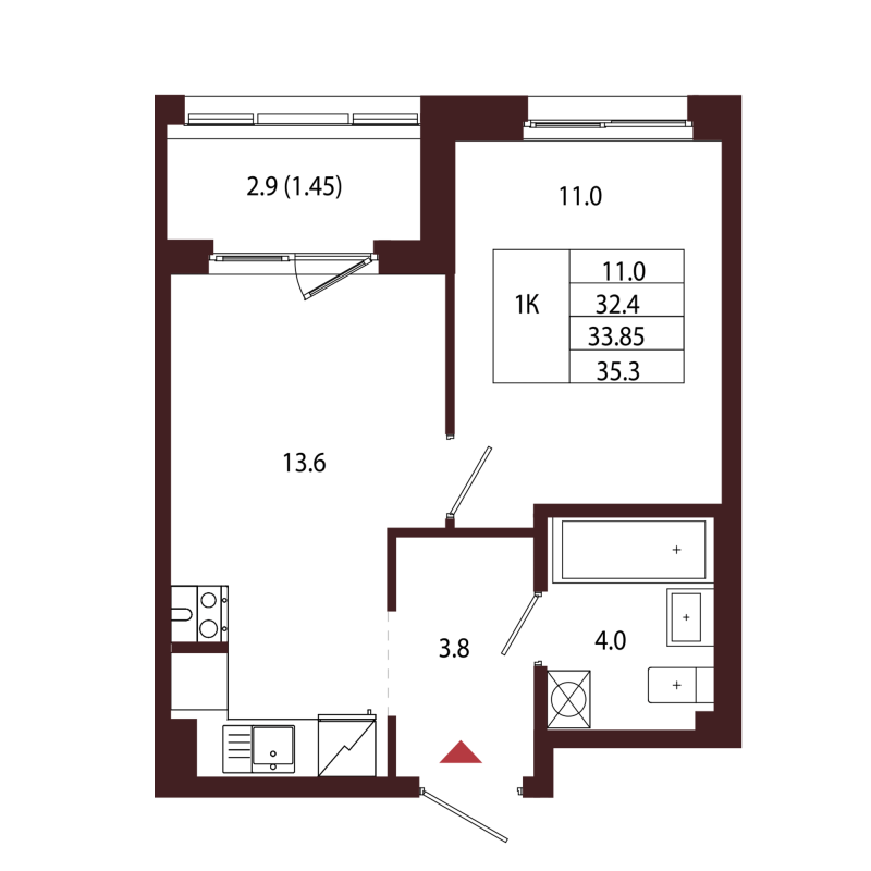 1-комнатная квартира, 33.85 м² в ЖК "Лисино" - планировка, фото №1